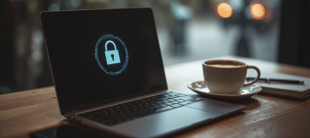 A protected laptop sits beside a cup of coffee in a casual café.